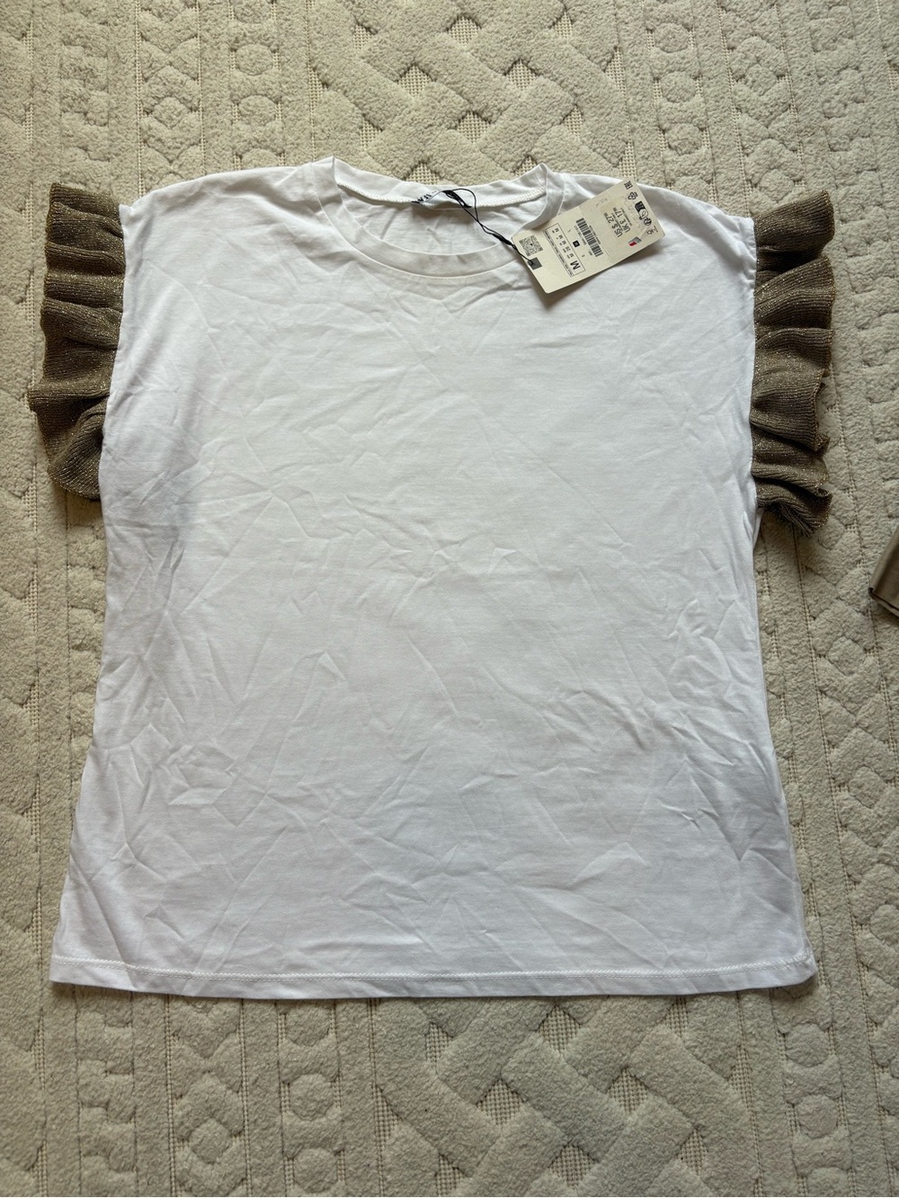 Zara White Short Sleeve Tee with Brown Ruffle Sleeves